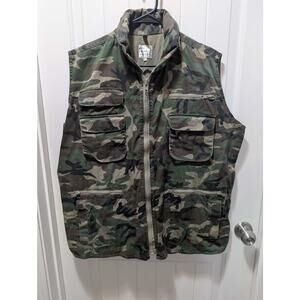 Camo Tactical Hunting Ranger Vest Military Hooded Full Zip Pockets Size L